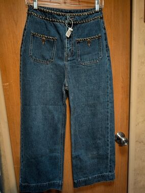 Women's Dark Blue Denim Jeans with Chain Trim